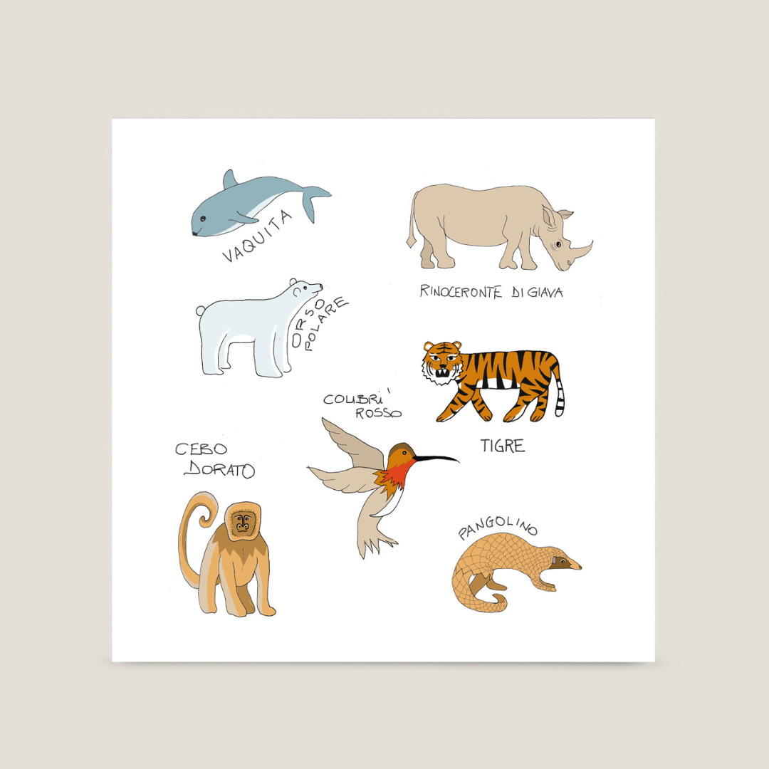 Stampa illustrata a tema natura con una fantasia con animali in via di estinzione e i loro nomi.