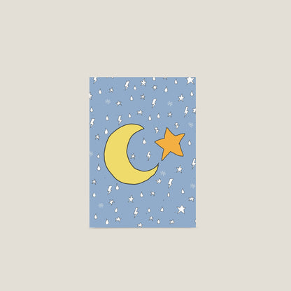 Stampa illustrata a tema elementi naturali con  l'immagine della luna e una stella su fondo blu.