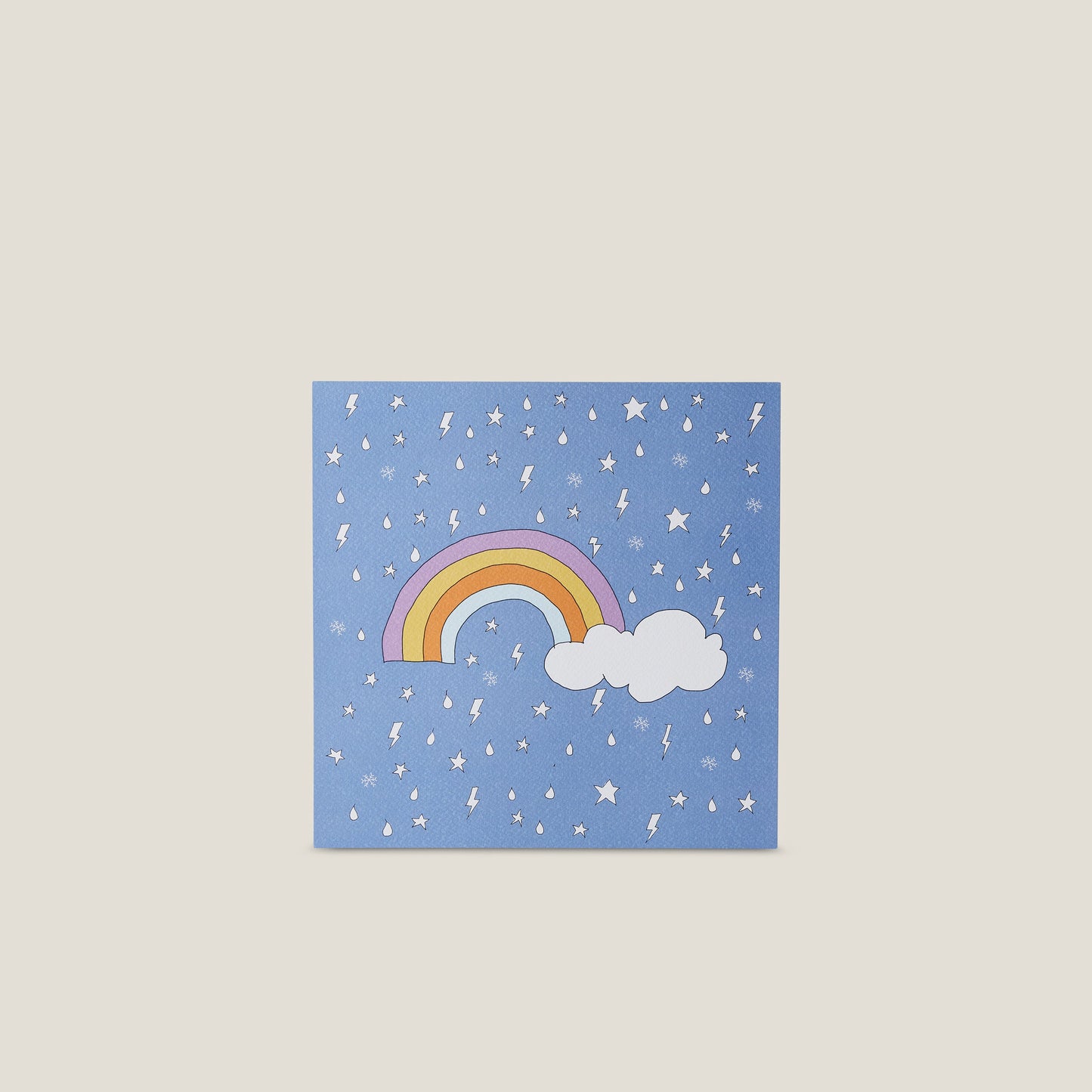 Stampa illustrata a tema elementi naturali con l'immagine dell'arcobaleno su fondo blu.