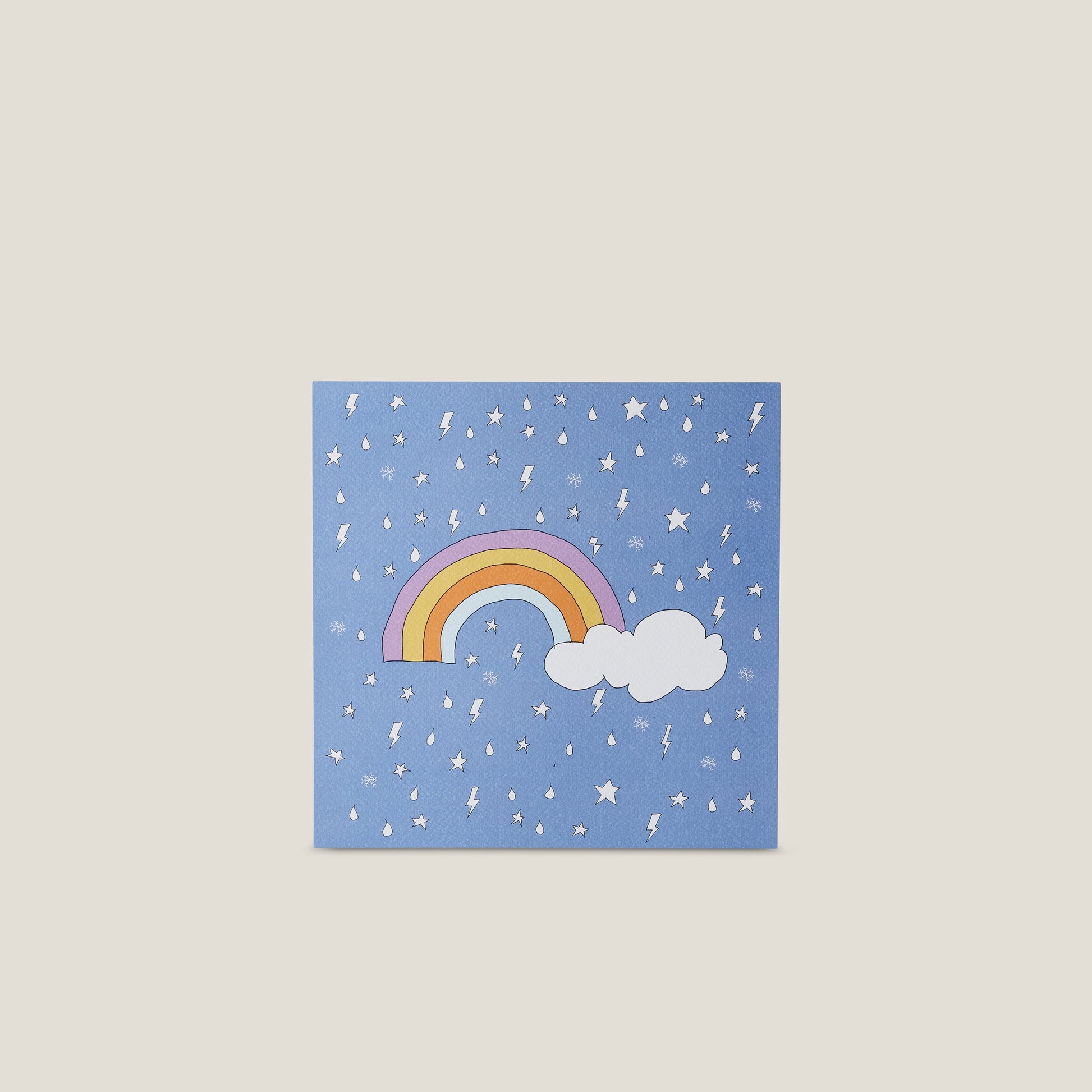 Stampa illustrata a tema elementi naturali con l'immagine dell'arcobaleno su fondo blu.