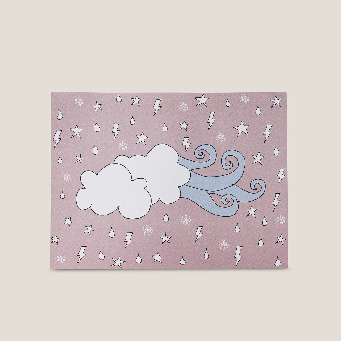 Stampa illustrata a tema elementi naturali con l'immagine di una nuvola e del vento su fondo rosa.