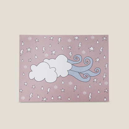 Stampa illustrata a tema elementi naturali con l'immagine di una nuvola e del vento su fondo rosa.