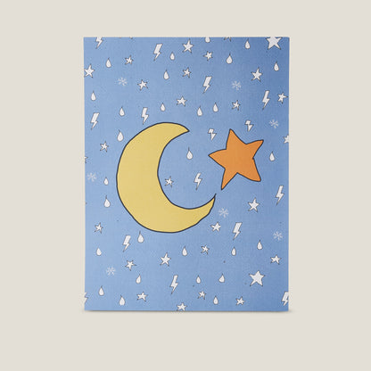 Stampa illustrata a tema elementi naturali con  l'immagine della luna e una stella su fondo blu.