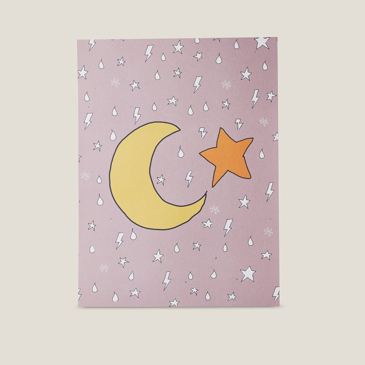 Stampa illustrata a tema elementi naturali con  l'immagine della luna e una stella su fondo rosa.