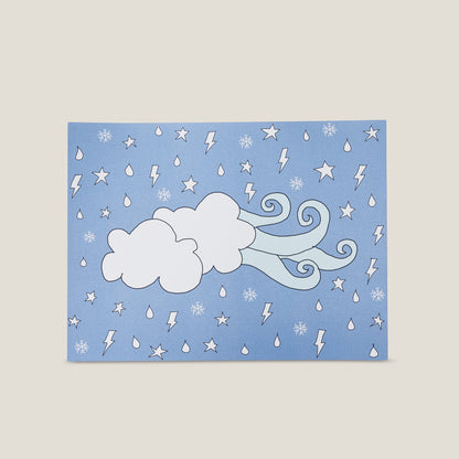 Stampa illustrata a tema elementi naturali con  l'immagine di una nuvola e del vento su fondo blu.